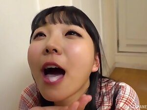 Alluring Asian neighbor drops superior there before her knees there awe a stiff cock